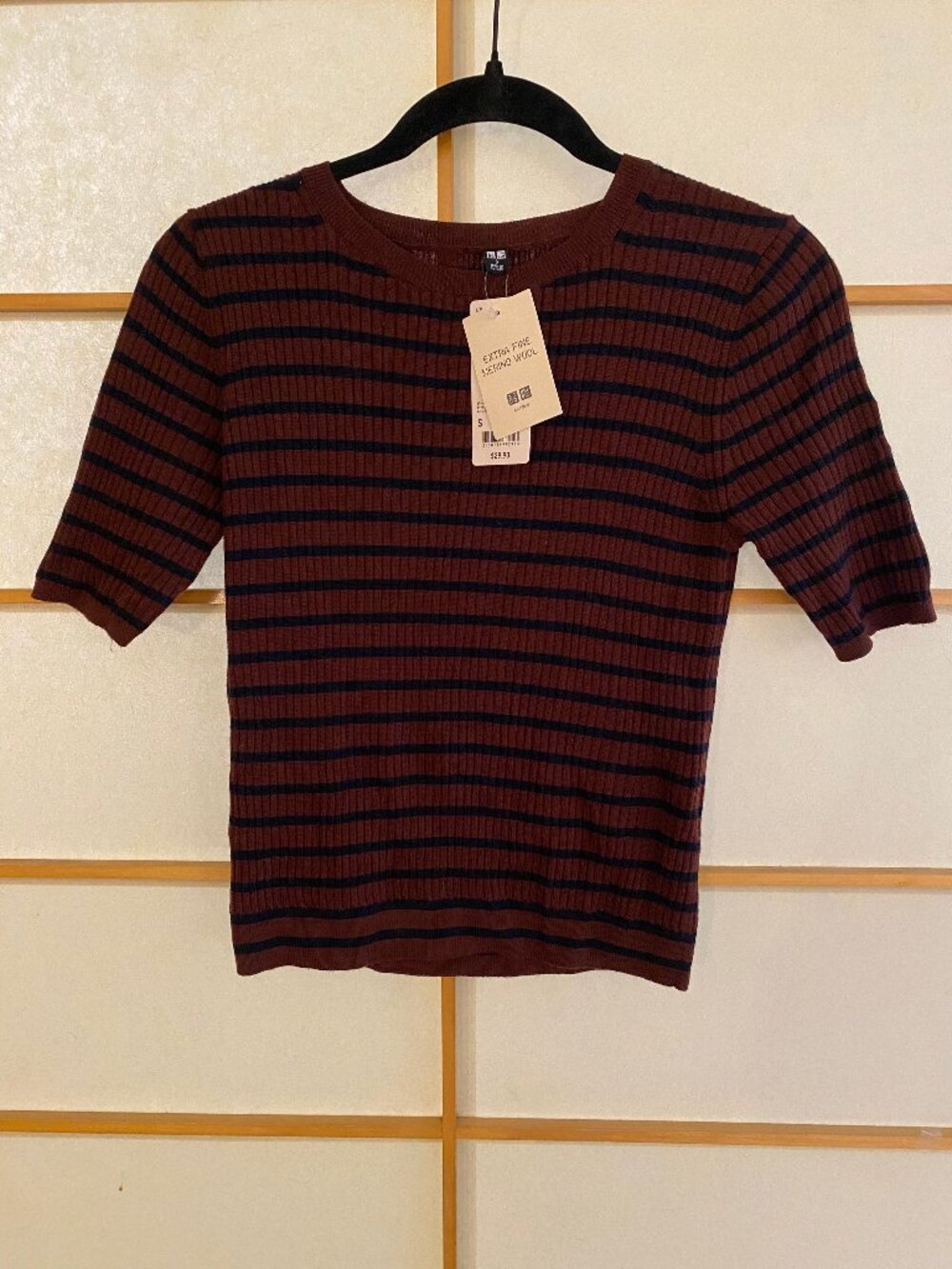 UNIQLO Merino Wool, Half-Sleeve, Crew Neck, Ribbed Sweater; Brand New with Tags